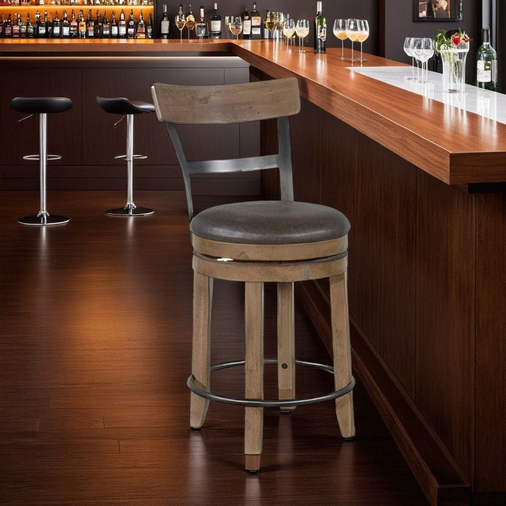 Yael Swivel Counter Stool Chair Set of 2, Gray Faux Leather Brown Wood