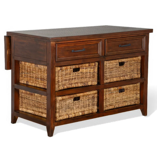 Niza Kitchen Island Table, 27-40" Drop Leaf, 4 Rattan Baskets, Brown