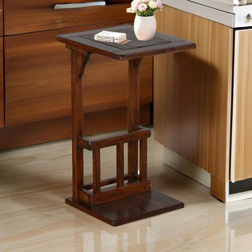 Jenne Sofa Side Table with Holder, 13" Top, Dark Brown Mindi Wood