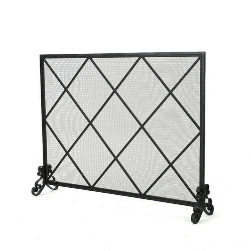 Fireplace Screen, Classic Diamond Shape with Mesh, 41x32 Black Finish