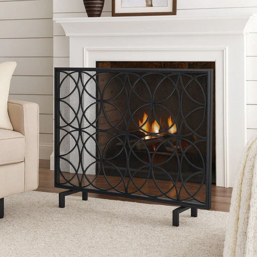 Fireplace Screen, Overlapping Circles w Mesh, 41x31 Matte Black Frame