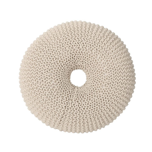 Round Knitted Pouf Ottoman, Handcrafted Details, 25", Beige Cotton