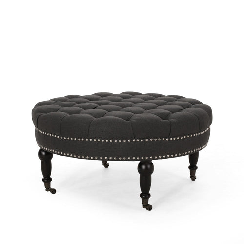 Romani Rolling Ottoman, Tufted Black Fabric, Nailhead Trim, 35" Round