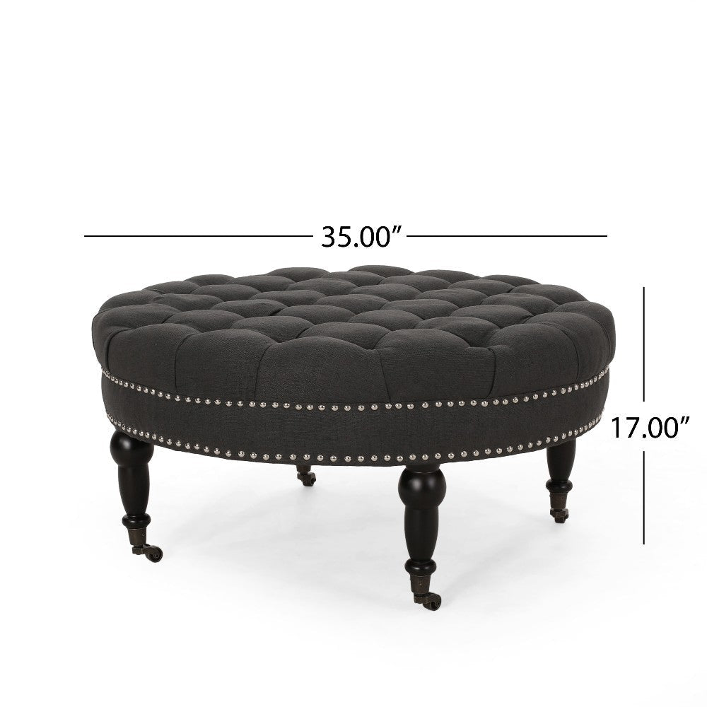 Romani Rolling Ottoman Tufted Black Fabric Nailhead Trim 35’’ Round BM324988