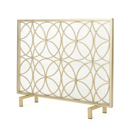 Gold Fireplace Screen, Single Panel Overlapping Circle Design, 41x31