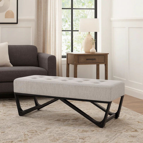Liba Ottoman Bench, Button Tufted Beige Fabric, 47" Black Wood Frame