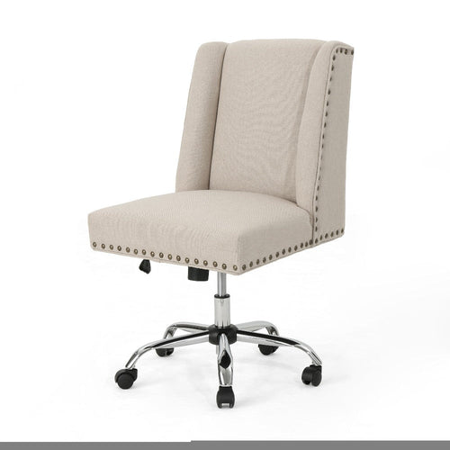 Swivel Office Chair, Casters, Beige Fabric with Nailhead Trim, Chrome