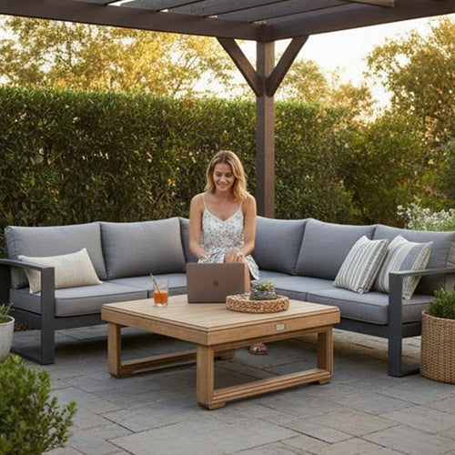 Chelsie Outdoor Coffee Table, Slatted Top, Brown Wood, Square 28"