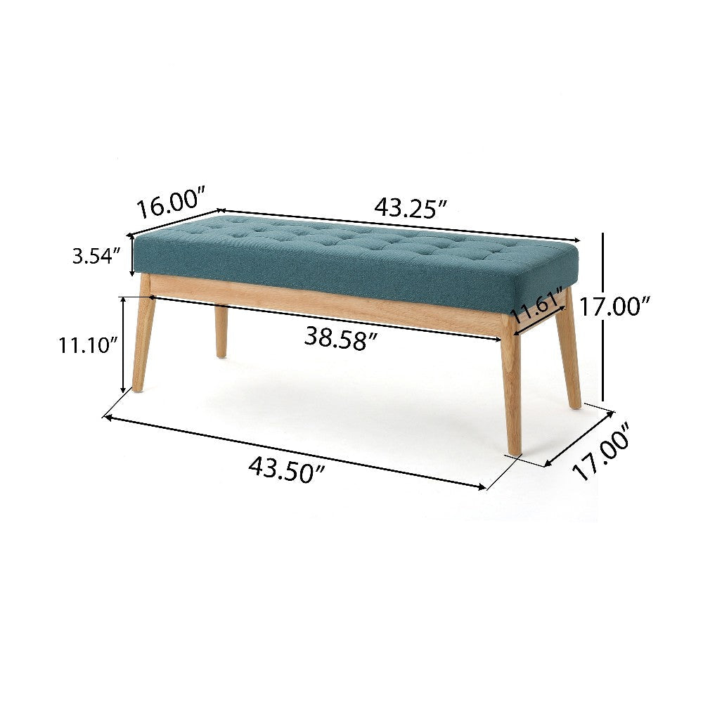 Gisa Ottoman Bench Teal Blue Fabric Tufted Seat 44’’ Brown Wood Frame BM325012