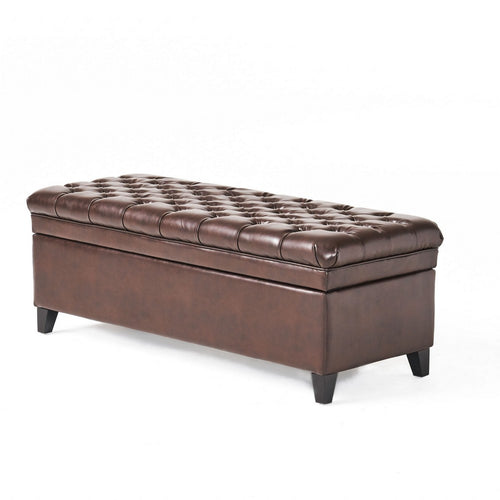 Rhya Storage Ottoman Bench, Brown Faux Leather, 50" Black Wood Frame