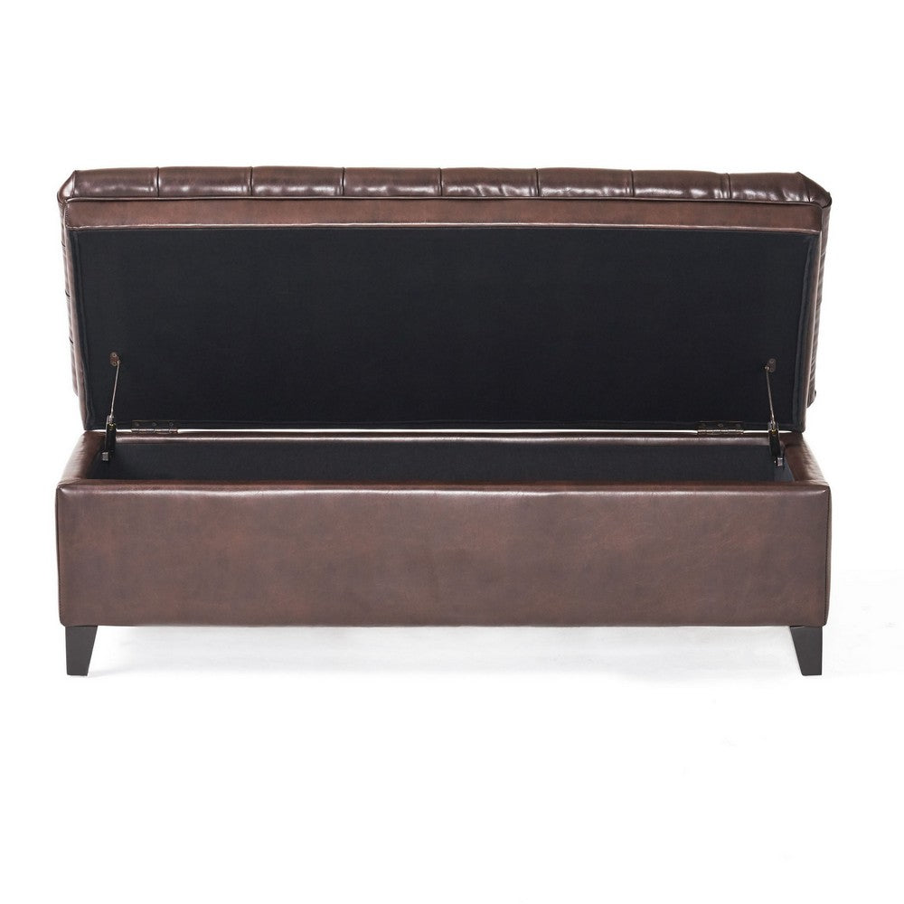 Rhya Storage Ottoman Bench, Brown Faux Leather, 50" Black Wood Frame