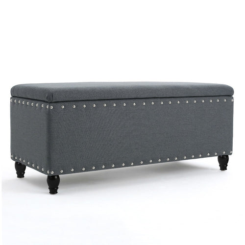 Sharon Storage Ottoman Bench, Dark Gray Fabric, Nailhead Trim, 42"
