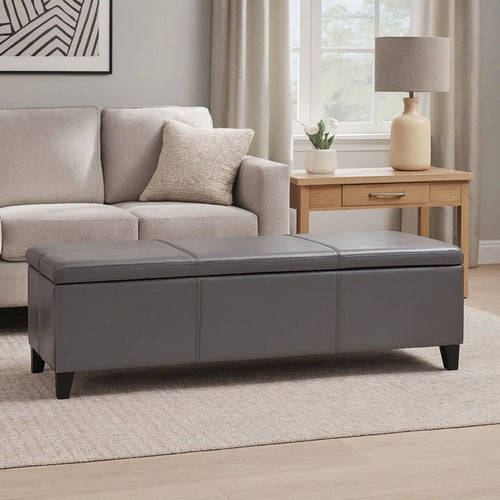 Elias Storage Ottoman Bench, Gray Faux Leather, Stitch Detail, 51"