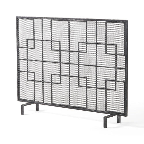31x41 Fireplace Screen with Mesh, Contemporary Design, Black, Silver