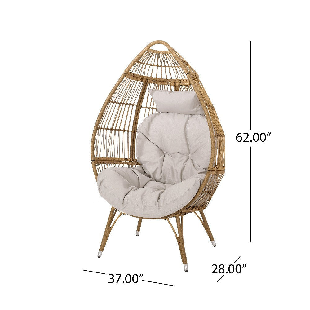 Outdoor Accent Chair Teardrop Cocoon w Beige Pillow Brown PE Rattan BM325088