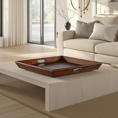 Odel Decorative Serving Tray, 27x27 Square Dark Brown, Mahogany Wood