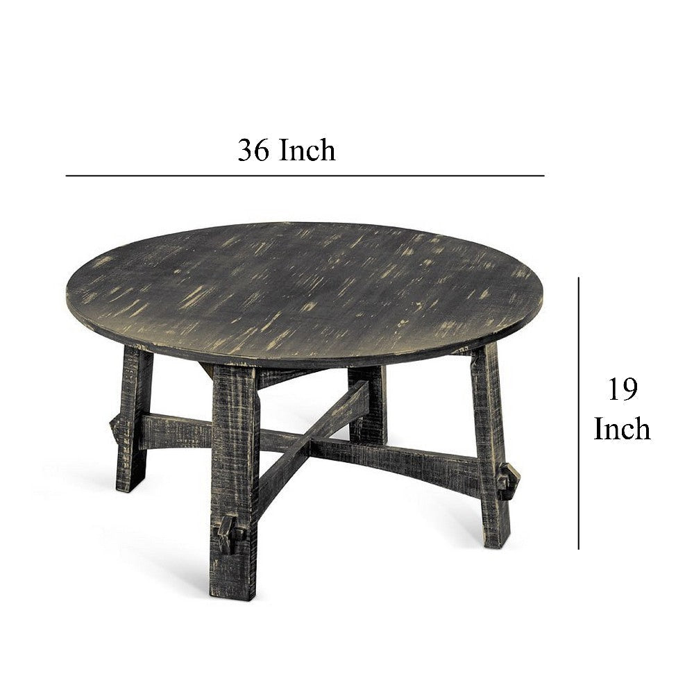 Rena Coffee Table 36’’ Round Top Distressed Rustic Black Wood BM325153