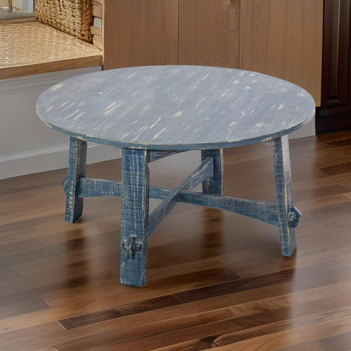 Rena Rustic Coffee Table, 36" Round Top Distressed Ocean Blue Wood