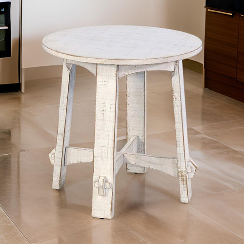 Rena Rustic Side End Table, X Legs, 24" Round, Distressed White Wood