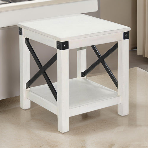 Sime Side End Table w Shelf, X Panel, 20" Square Off White Wood