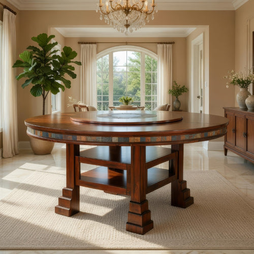 Odell Dining Table w Lazy Susan, 2 Shelves, 60" Round Dark Brown
