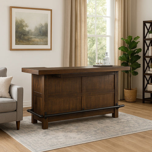 Flint Bar Counter Table, Pull Out Tray, Wine Racks, 80" Brown Wood