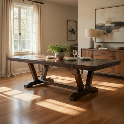 Flint Extendable Dining Table, 108-140", 2 Folding Leaves, Brown