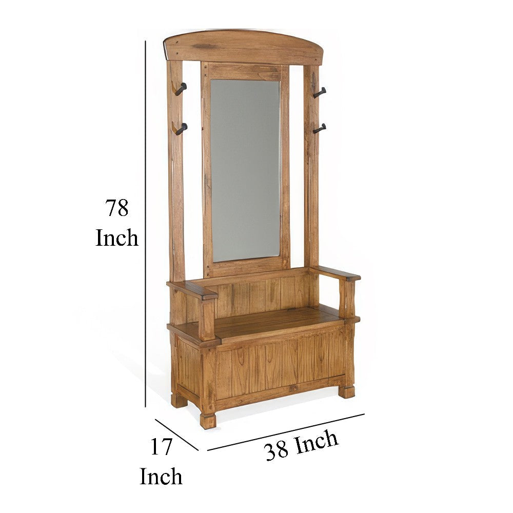 Marv Foyer Hall Tree Coat Hanger w Mirror Storage Bench Light Brown BM325228
