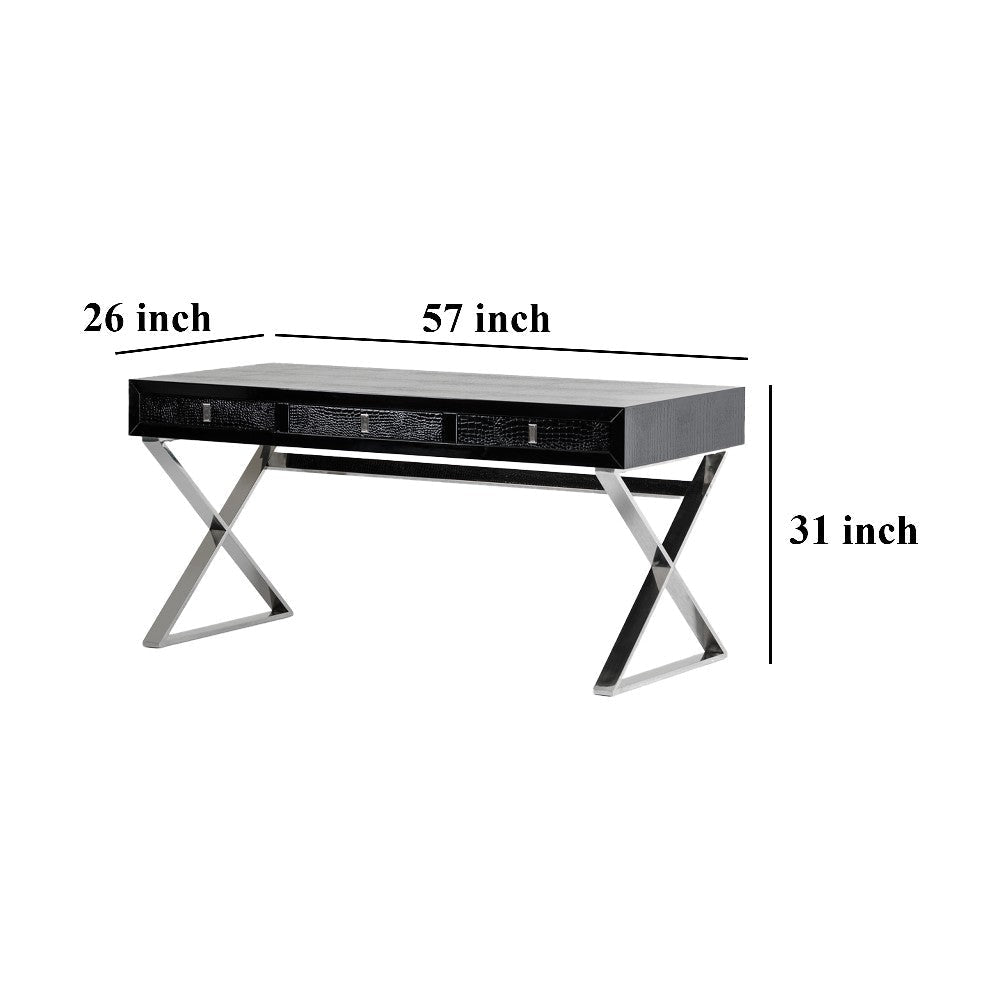 Cyen Office Writing Desk 57 Inch Black Crocodile Lacquer 2 Drawers BM325233