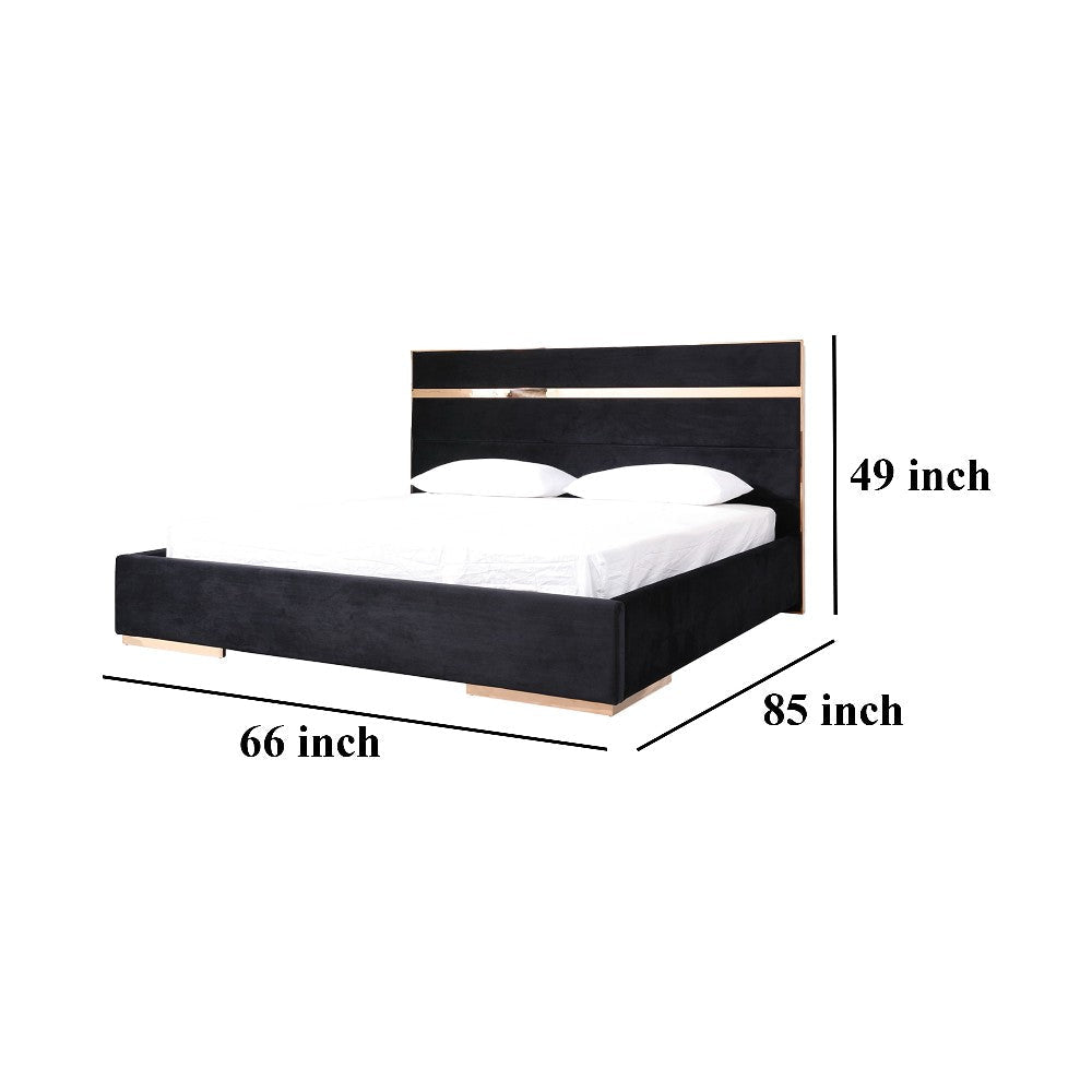 Caer Platform Queen Bed Black Velvet Upholstery Rose Gold Steel