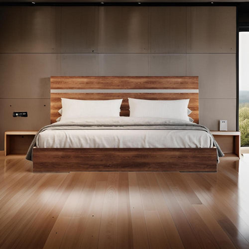 Noe In King Size Bed, Steel Accent Panel Headboard, Light Brown Wood