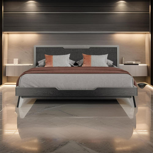 Kiran King Size Platform Bed, Gray Upholstered Headboard, Wood Frame