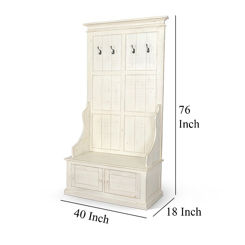 Mary Accent Hall Tree Coat Rack with Bench 4 Hooks Farmhouse White