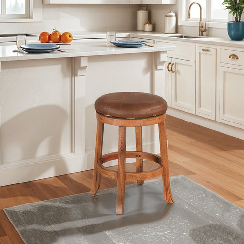 Marv Swivel Counter Stool Set of 2 | Faux Leather Seat | Rustic Oak Brown Mahogany Wood