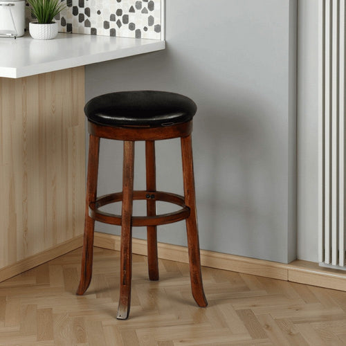 Reggie Swivel Barstool Set of 2, Black Faux Leather, Brown Mahogany