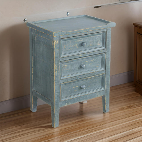 Rena Side End Table with 3 Drawers, 19" Rustic Green Mahogany Wood