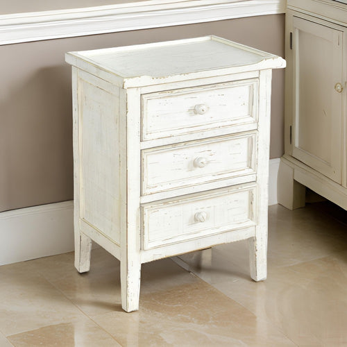 Rena Side End Table with 3 Drawers, 19" Rustic White Mahogany Wood