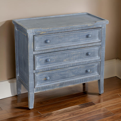 Rena Side End Table with 3 Drawers, 28" Rustic Blue Mahogany Wood