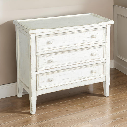 Rena Side End Table with 3 Drawers, 28" Rustic White Mahogany Wood