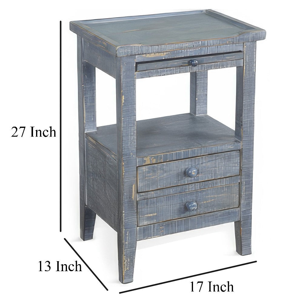 Rena Side End Table 2 Drawers Pull-Out Tray 17’’ Blue Mahogany BM325330