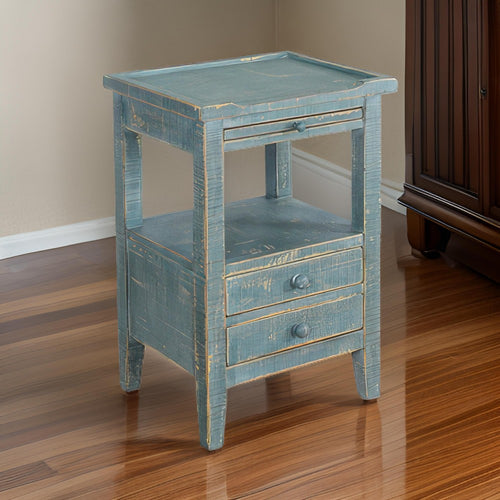 Rena Side End Table, 2 Drawers, Pull-Out Tray, 17" Green Mahogany