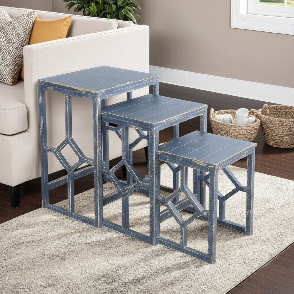 Rena 3 Piece Nesting Accent Table Set, Slatted, Rustic Blue Mahogany
