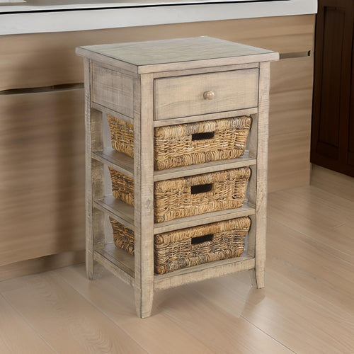 Rena End Table, 3 Natural Rattan Storage Baskets, 20" Brown Wood