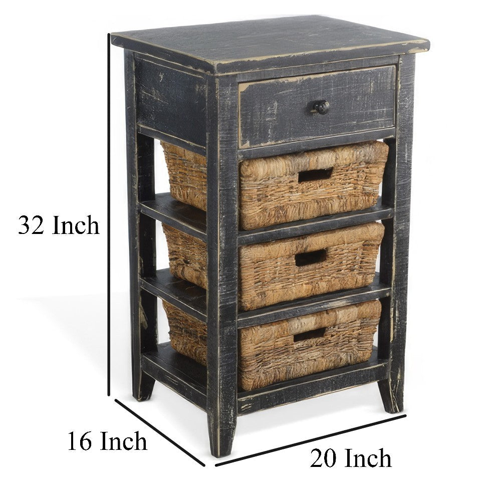 Rena End Table 3 Natural Rattan Storage Baskets 20’’ Black Wood