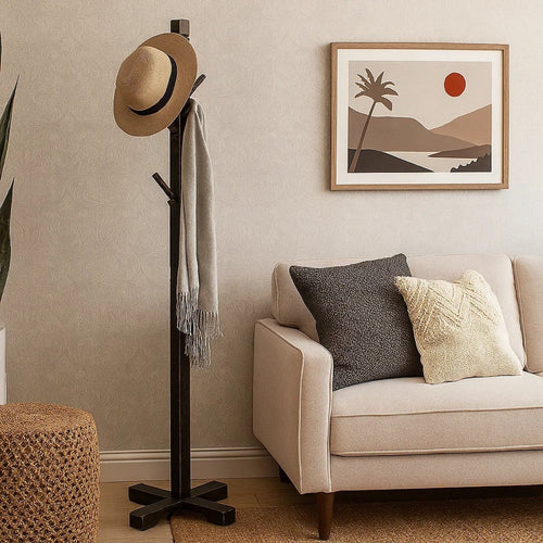 Rena Coat, Hat Rack Stand, 8 Wood Stems, 72" Rustic Black Mahogany