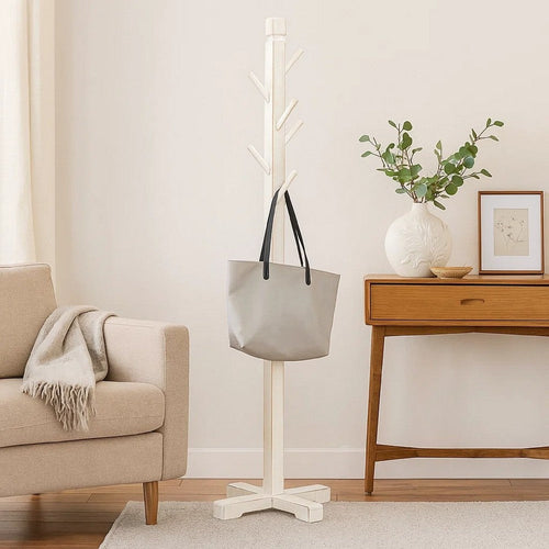 Rena Coat, Hat Rack Stand, 8 Wood Stems, 72" Rustic White Mahogany