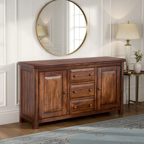 Reggie Buffet Console, 3 Drawers and 2 Cabinet, 66" Brown Mahogany