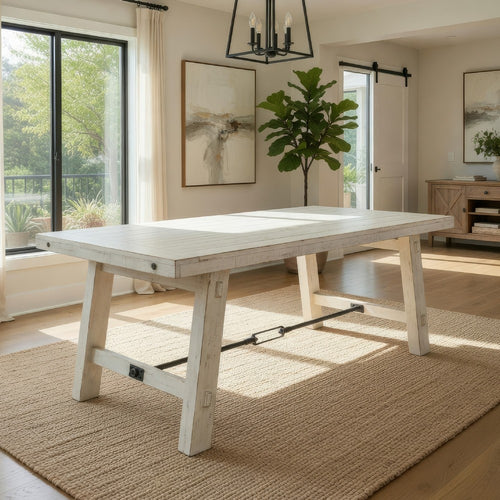Rena Dining Table with Turnbuckles, 74" Rustic Off-White Mahogany Wood
