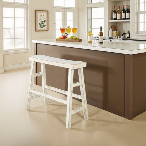 Rena Bar Height Bench | Trestle Legs with Footrests | 33" Wide Rustic White Sand Mahogany Wood