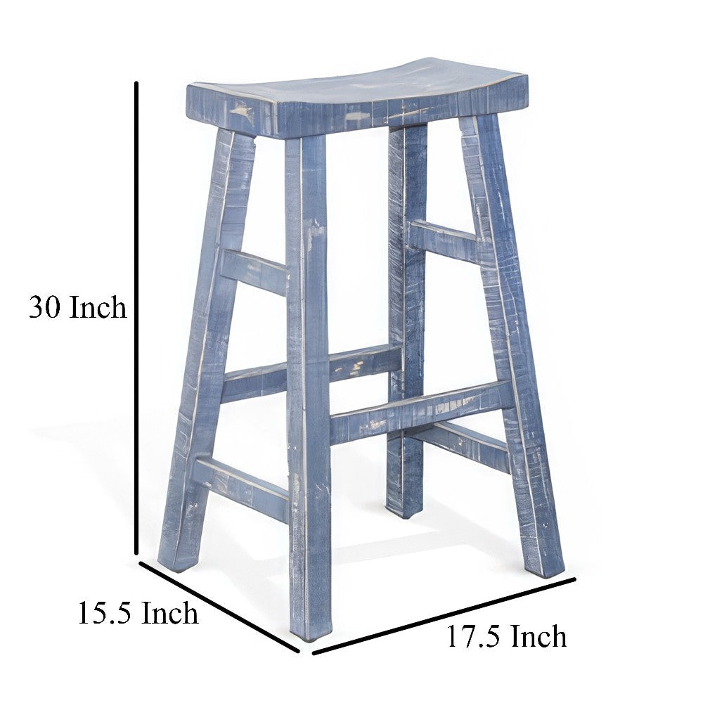 Rena Barstool Set of 2 Saddle Style Seat Ocean Blue Mahogany Wood BM325452